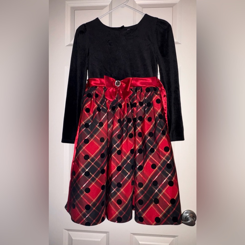 EUC Holiday Dress: Velvet Bodice, Plaid and Polka Dot Skirt, Shiny Fun!
